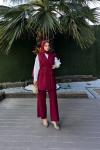 Tesettür Bordo Cepli Yelekli Pantolonlu Takım