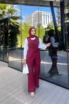 Tesettür Bordo Yakasız Yelekli Pantolonlu Takım